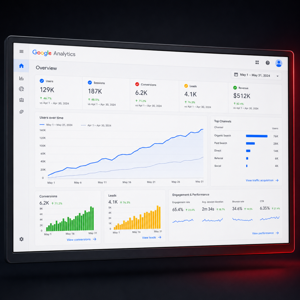 Google Analytics Overview dashboard on a tilted monitor showing key metrics and charts (Users, Sessions, Conversions, Leads, Revenue).