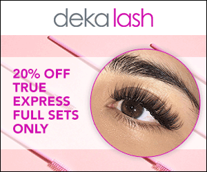 Banner ad for Dekalash: 20% off True Express full sets, featuring a close-up eye with long lashes on a pink background.