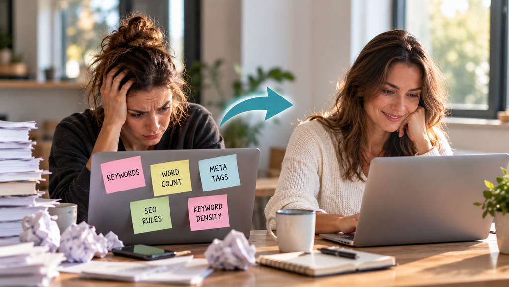 A side-by-side comparison illustrating SEO frustration versus content creation success: on the left, a woman stressed at her desk with sticky notes labeled "Keywords," "Word Count," and "Meta Tags"; on the right, a woman smiling and confidently typing on her laptop as an arrow points toward her workflow.
