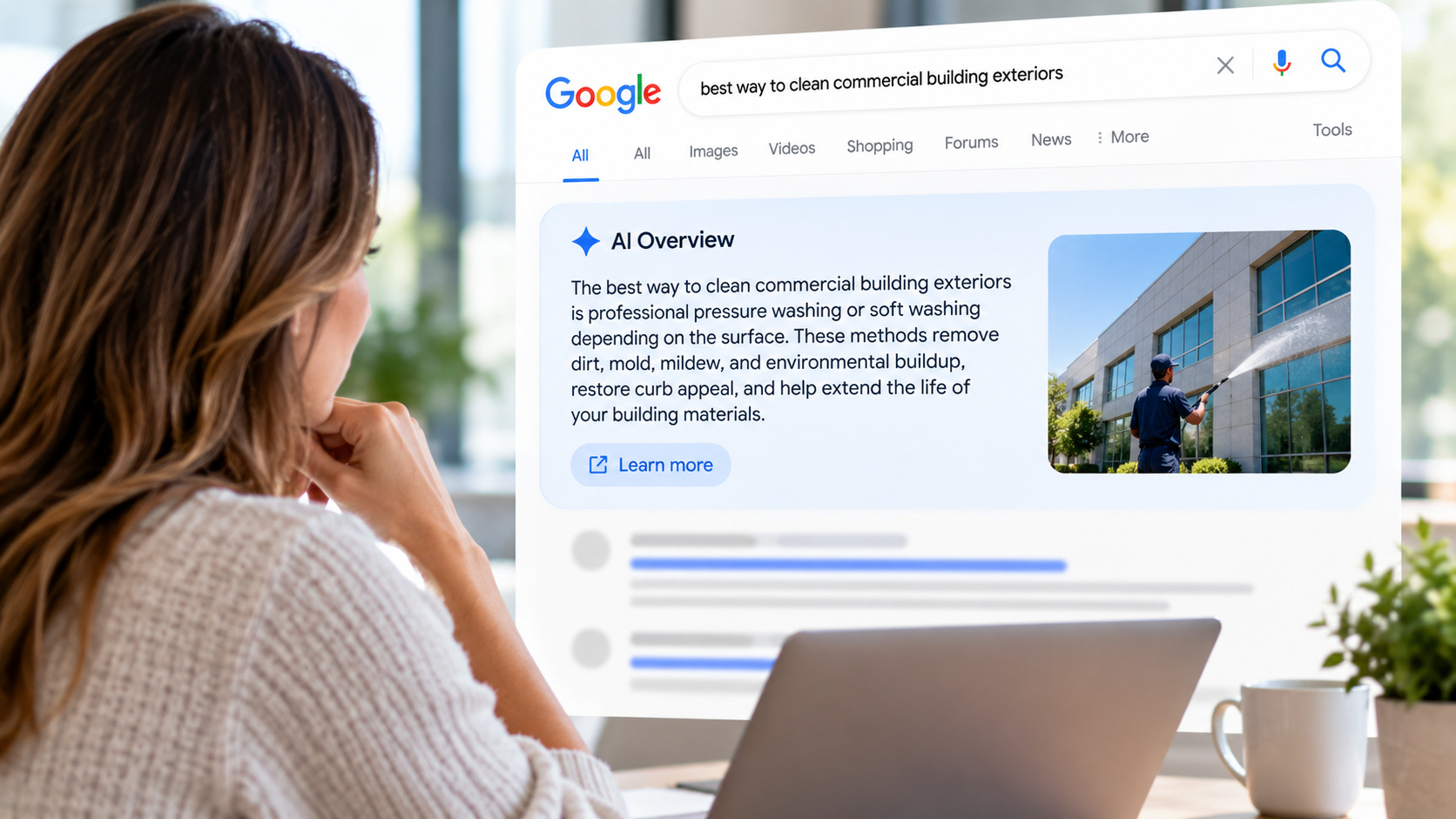 A laptop screen displaying a Google AI Overview box for the search query "best way to clean commercial building exteriors."